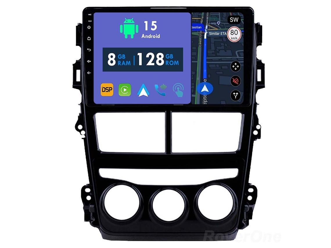 Auto Rádio Carro Bluetooth Autoradio 8GB RAM 128G ROM CarPlay Navegação GPS Ecrã Táctil RoverOne para Toyota Yaris Vios 2017-2020  