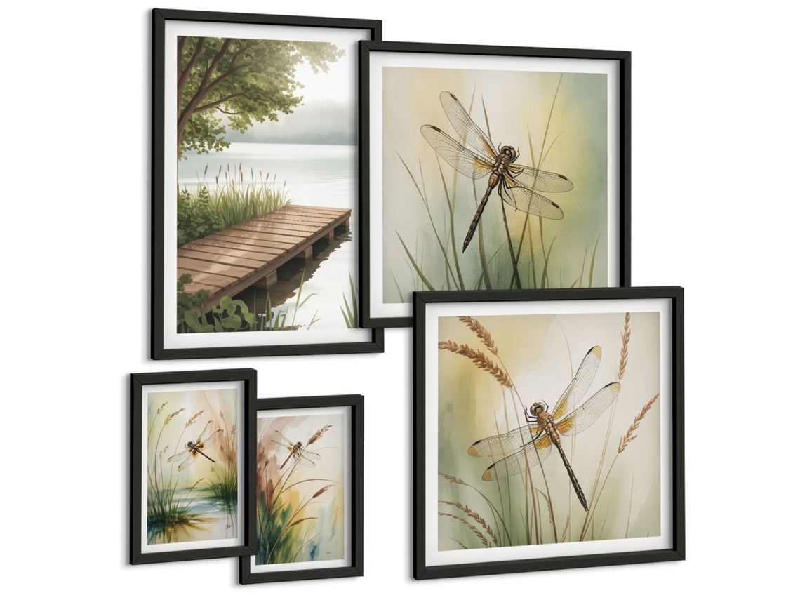 Conjunto De Pinturas Paisagens Tranquilas De Libélulas Espelharte (5 Peças)