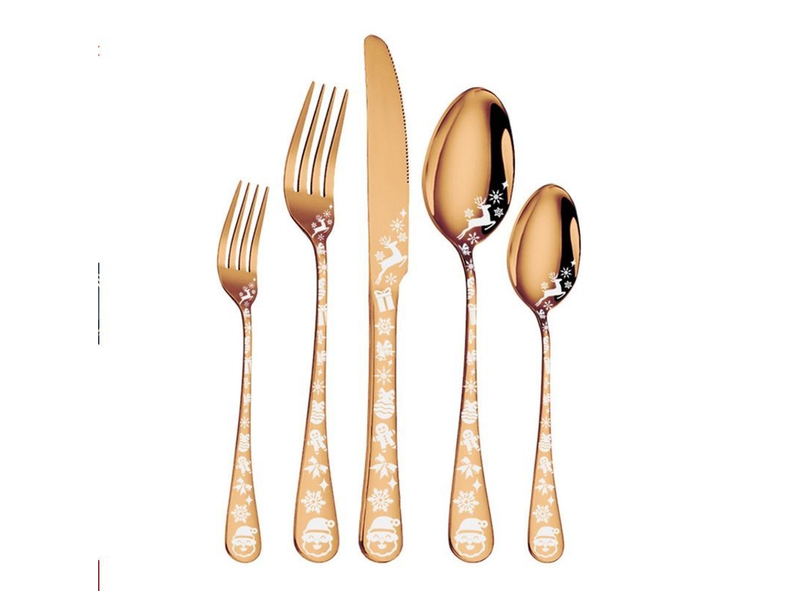 Conjunto de talheres de Natal 5 peças inox com padrões de neve e veado, prata rosé | S/MARCA