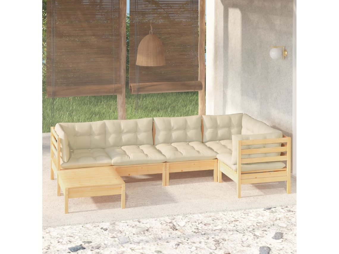 Vidaxl 6 Pcs Conjunto Lounge Jardim C/ Almofadões Creme Pinho Maciço