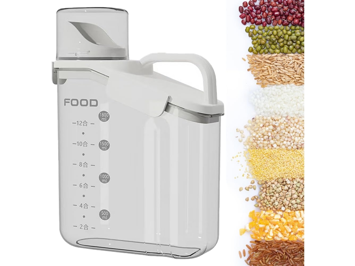 Recipiente Hermético, 2000 Ml, Com Copo Medidor, Com Bico Dosador, Branco, Para Arroz, Farinha