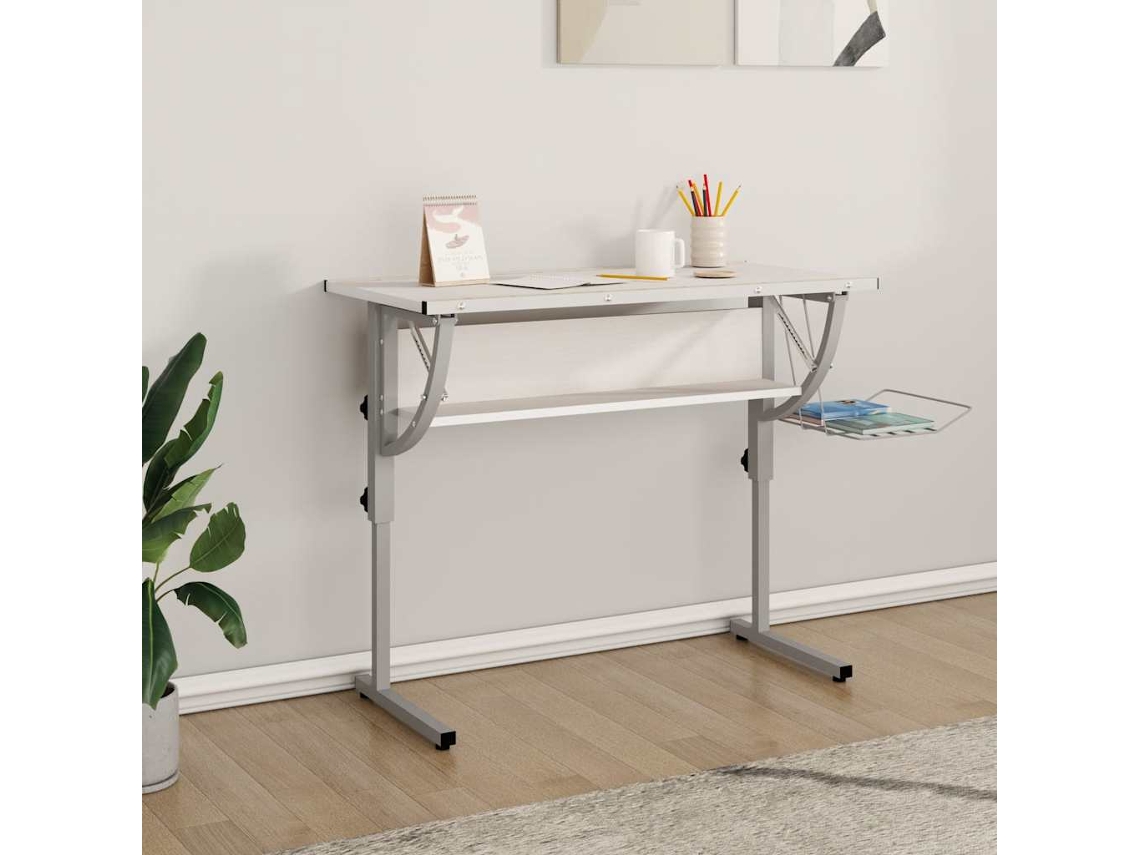 Vidaxl Secretária 110x53x(58-87) Cm Derivados Madeira/aço Branco/cinza