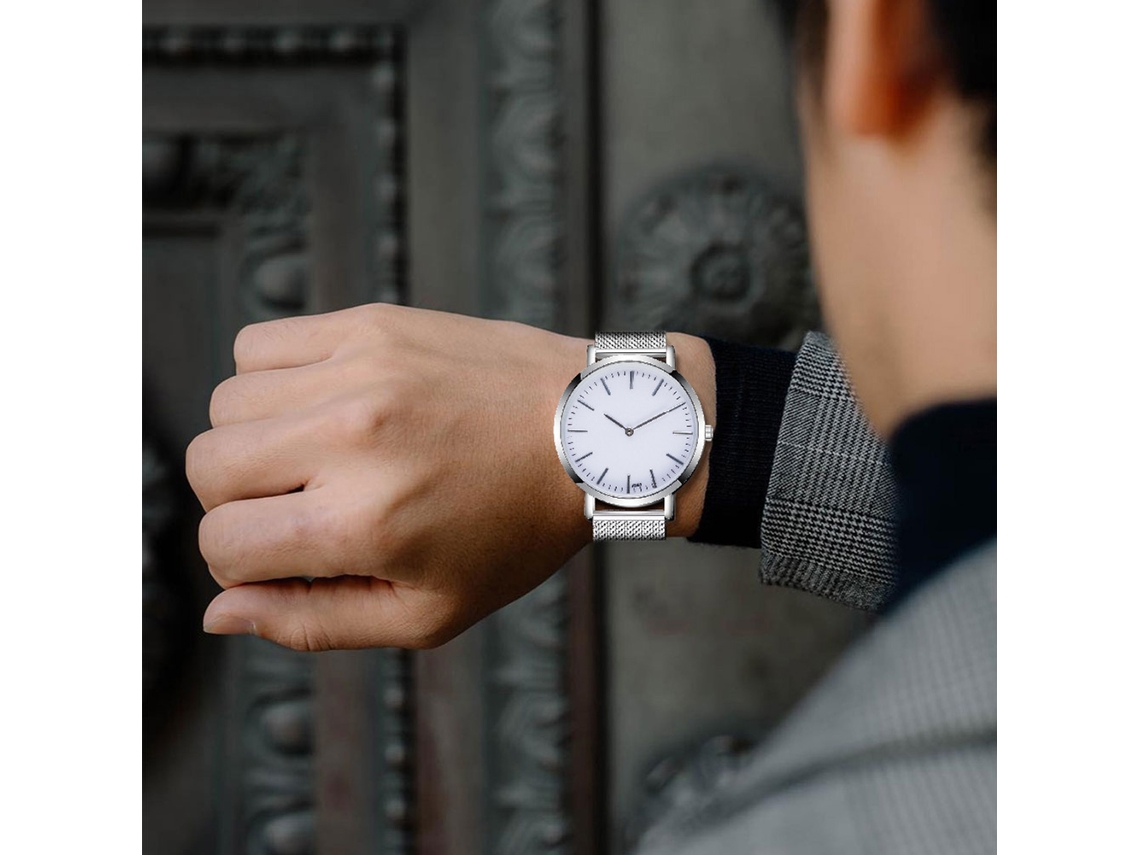 Relógio masculino casual Zhoulianfa, em aço inoxidável, com pulseira de malha e mostrador redondo.