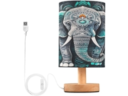 Cabeceira Abajur com LED em formato de elefante, cúpula de tecido, base de madeira e porta USB, ideal para o quarto.