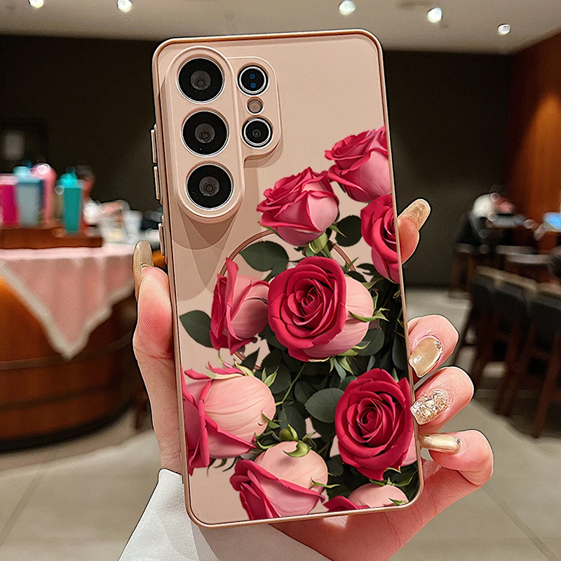Capa Magnética Para Celular Galaxy A57 Com Estampa Floral Rosa (dourada)