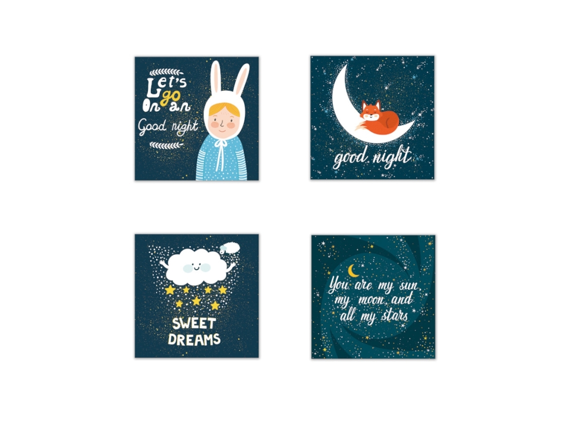 Pinturas Decorativas Noite Doze (conjunto de 4, adequado para quartos infantis)