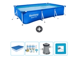 Piscina Retangular Steel Pro BESTWAY 300 X 201 X 66 Cm Azul Incluída Cobrir Pacote de Manutenção Bombear Ladrilhos