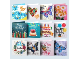Conjunto de 12 cartões de aniversário, pintura com diamantes, acrílico, 15x15 cm