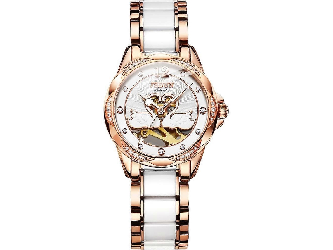Relógio Mecânico Feminino Jin Shi Dun 8831, Com Detalhes Em Diamante Vazado E Revestimento Em Cerâmica À Prova D'água.