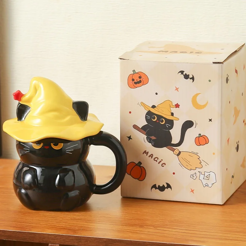 Caneca de Cerâmica Personalizada com Tampa, em Formato de Gato Fantasma com Chapéu Mágico Criativo MDUG (preta, 500ml)