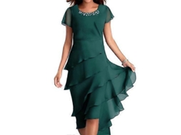 2026 vestido Elegante para Mulher com Gola Redonda, Mangas Curtas, Decoração de Pérolas e Saia Capa Midi para Festa e Casamento