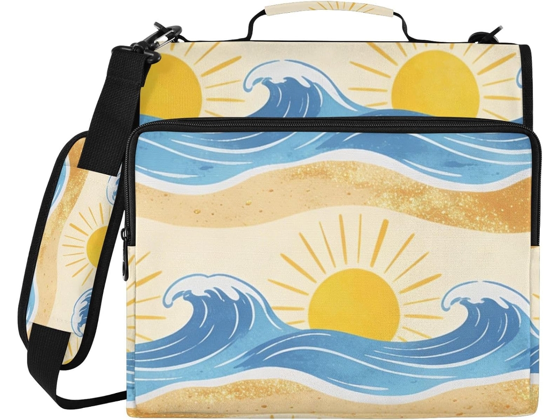 Pasta De 3 Argolas Com Estampa Ondas, Sol, Verão E Praia, Com Zíper, Alça De Ombro E Mão Fácil Transportar, Ideal
