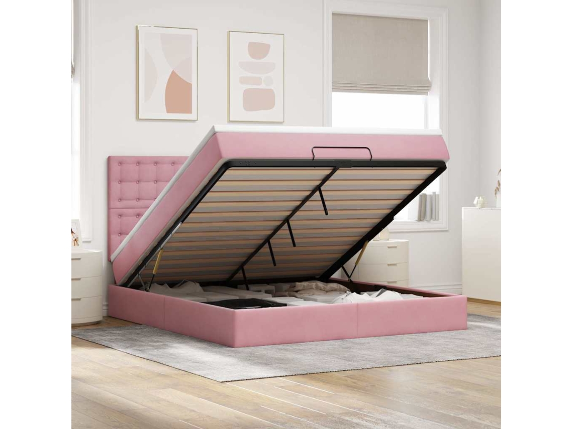 Vidaxl Estrutura De Cama Otomana Com Colchões 160x200 Cm Veludo Rosa