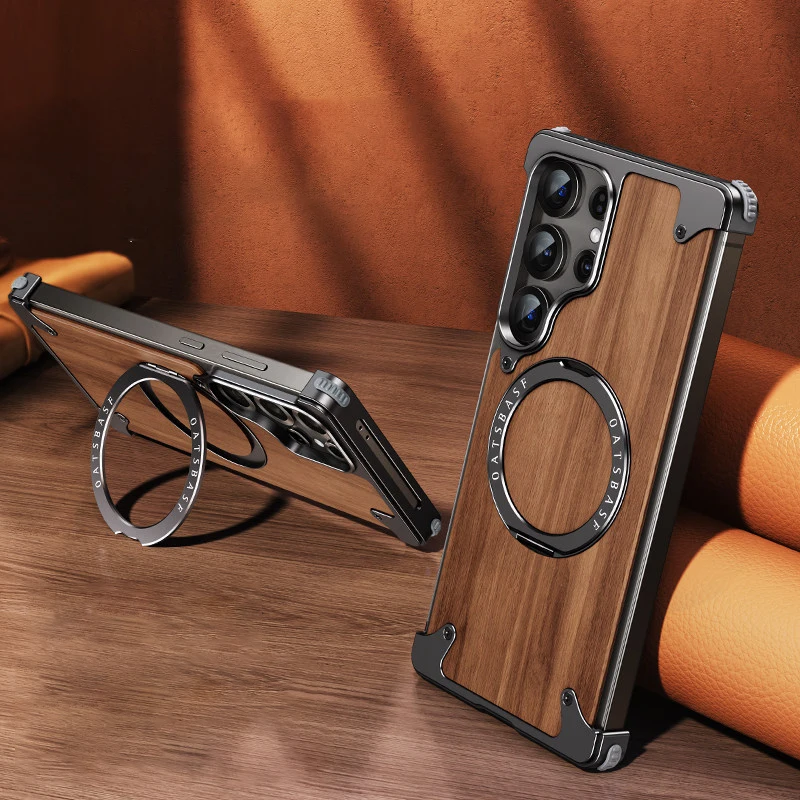 Capa De Madeira Para Celular (galaxy S25 Ultra Preto) Com Suporte Magnético E Rotação De 360°.