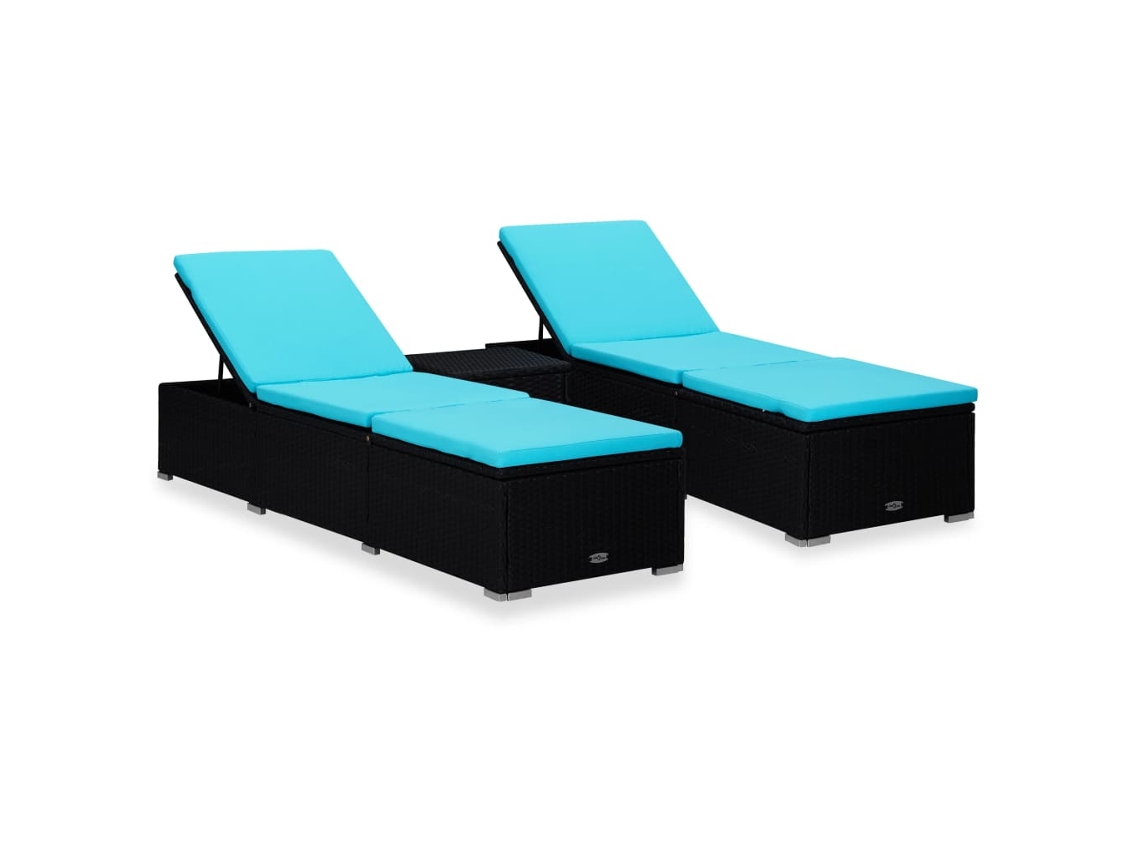 Vidaxl 3 Pcs Espreguiçadeiras Jardim C/ Mesa De Centro Vime Pe Preto