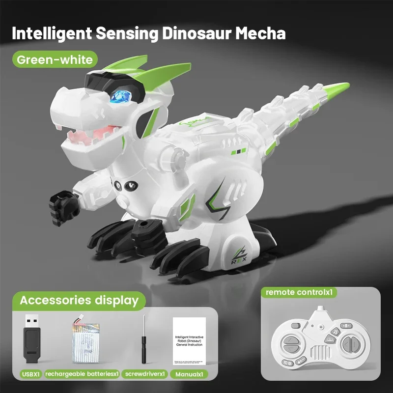 (verde E Branco) Robô Elétrico Modelo Dinossauro Com Controle Remoto E Sensor Inteligente