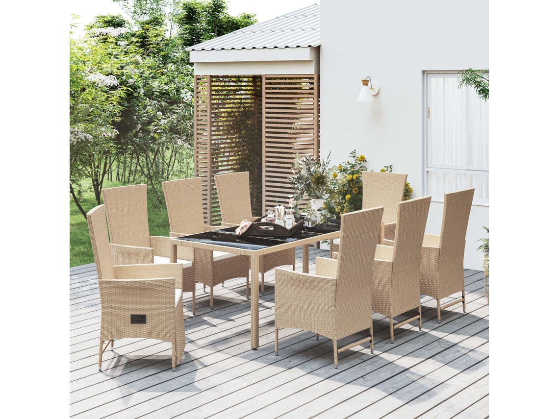 9 Pcs Conjunto De Jantar P/ Jardim Com Almofadões Vime Pe Bege Dkd Home Decor
