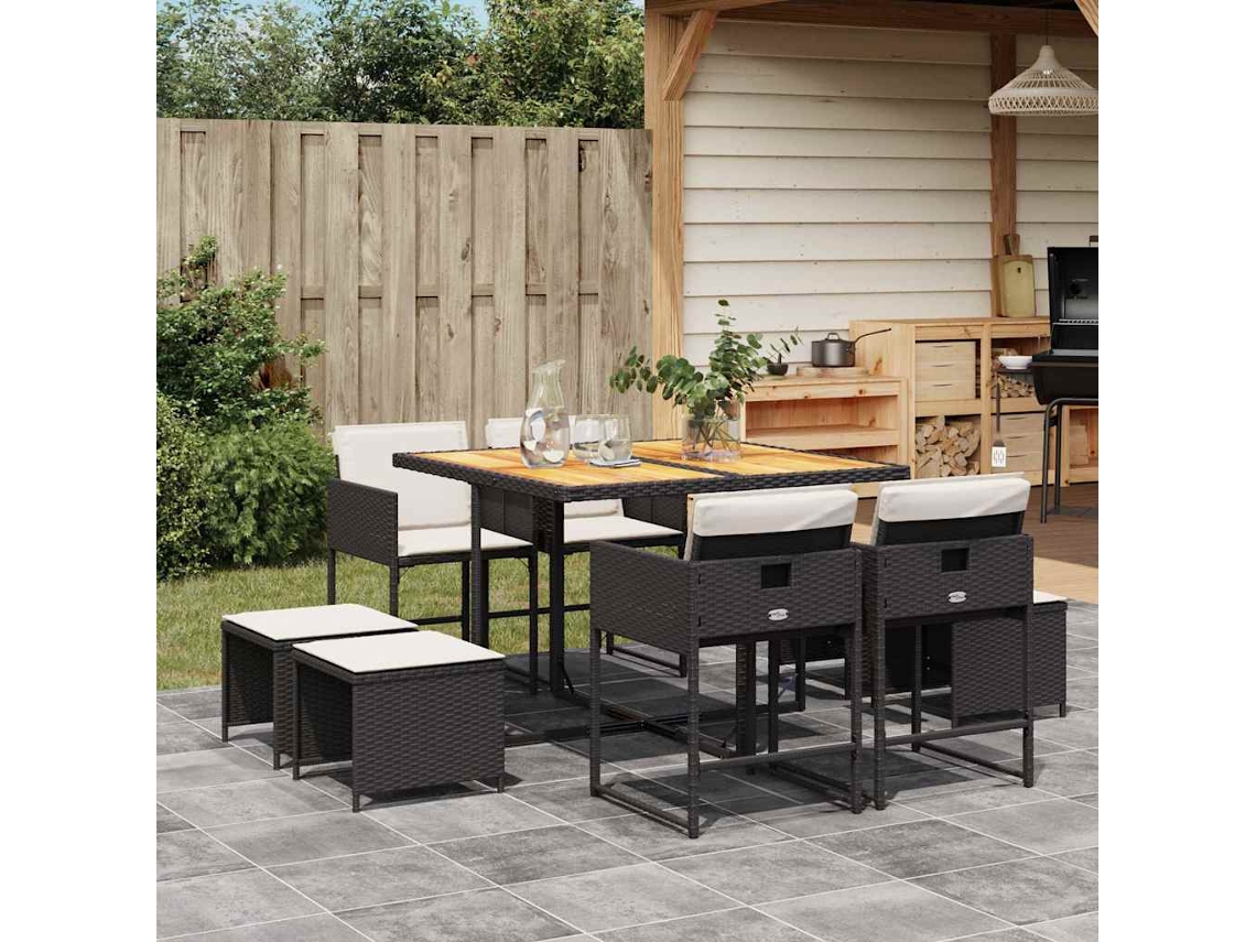 Vidaxl 9 Pcs Conjunto De Jantar P/ Jardim C/ Almofadões Vime Pe Preto