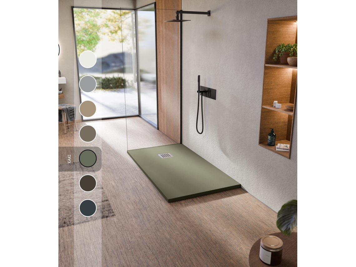 Base De Duche De Resina Antiderrapante Textura Lousa Suave Inclui Válvula De Escoamento E Grelha Caqui 75 X 200cm Bellobath