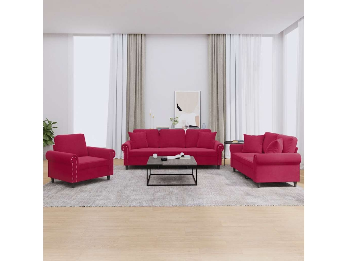 Vidaxl 3 Pcs Conjunto De Sofás Com Almofadas Veludo Vermelho-tinto