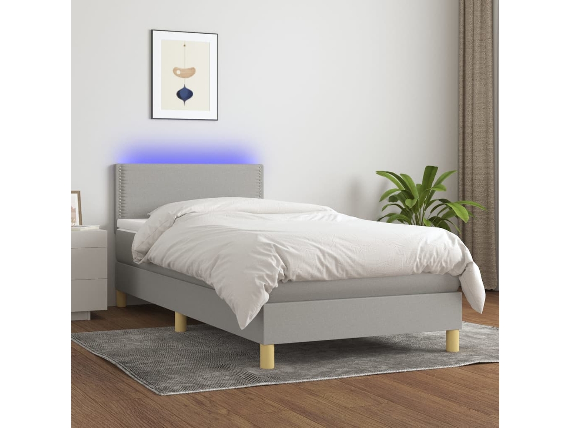 Vidaxl Cama Box Spring C/ Colchão E Led 90x200 Cm Tecido Cinza-claro