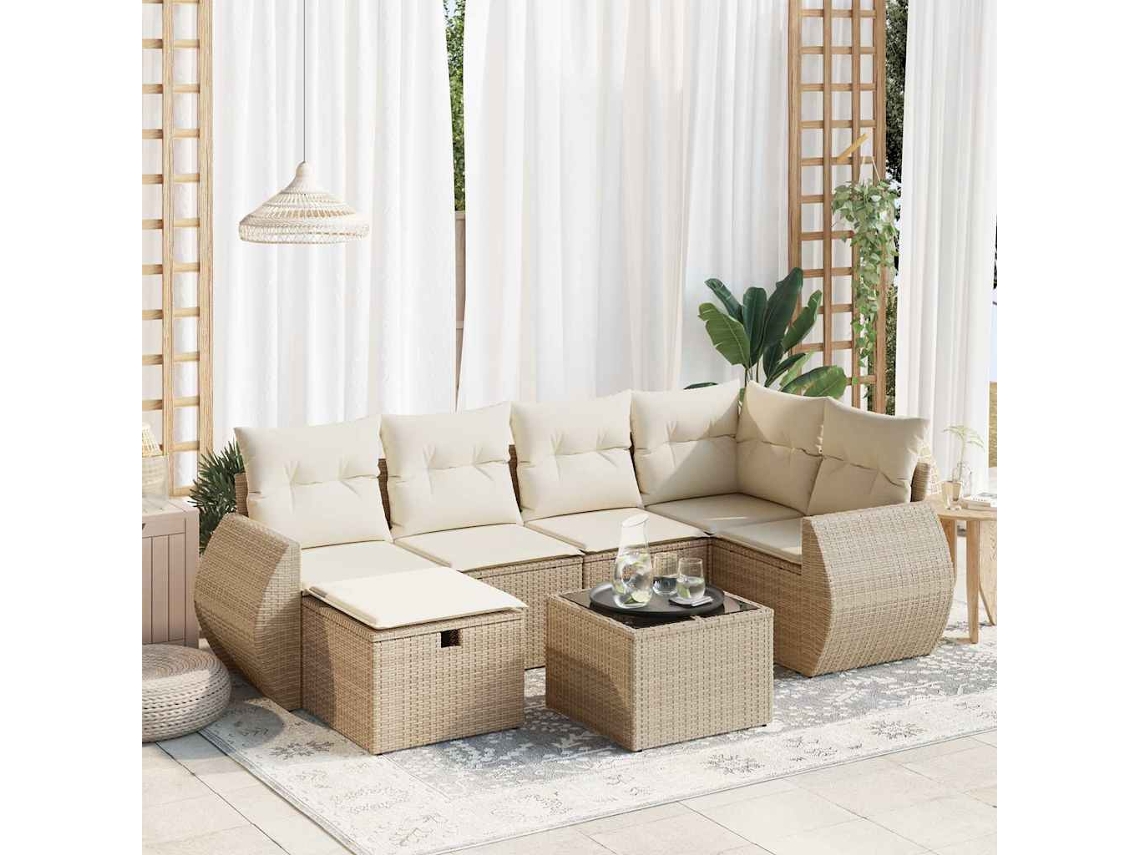 7 Pcs Conjunto De Sofás P/ Jardim Com Almofadões Vime Pe Bege Dkd Home Decor