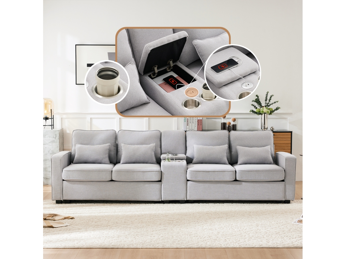 Sofá 4l Linho, Console, 2 Porta-copos, 2 Usb, 4 Almofadas.-pl