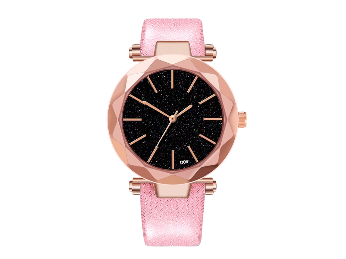 Relógio de Pulso Feminino de Moda com Pulseira de Couro Pu e Mostrador Redondo Rosa