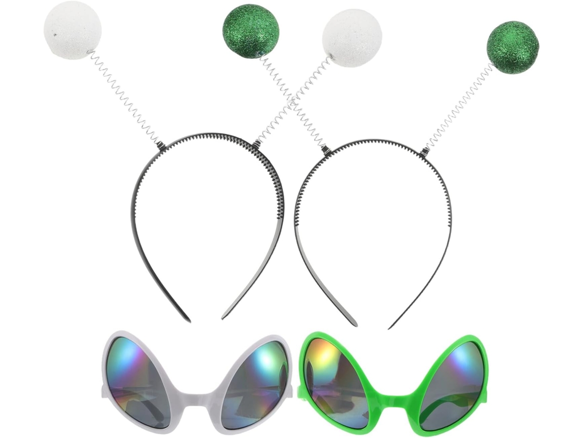 Conjunto De 4 Peças: Tiara Com Antena Alienígena, Óculos Com Glitter, Verde.