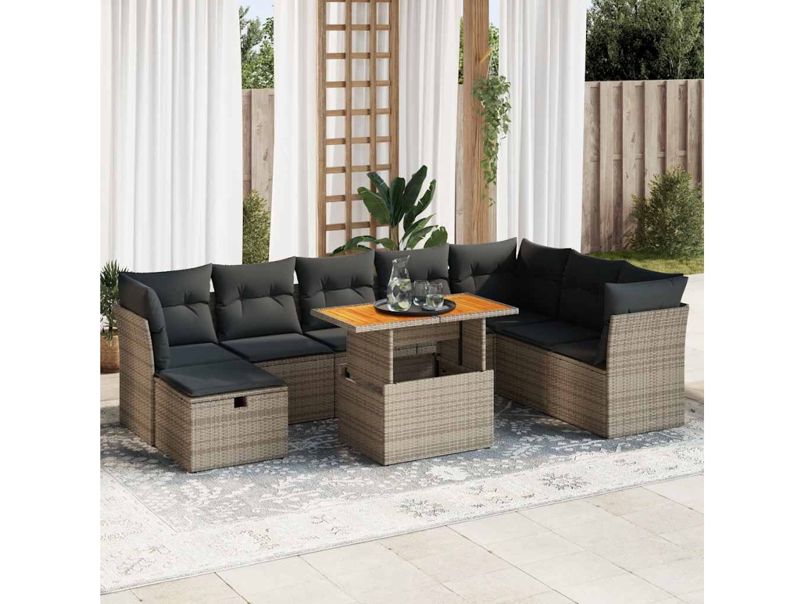 Vidaxl 9 Pcs Conjunto Sofás Jardim Almofadões Vime Pe/acácia Cinzento