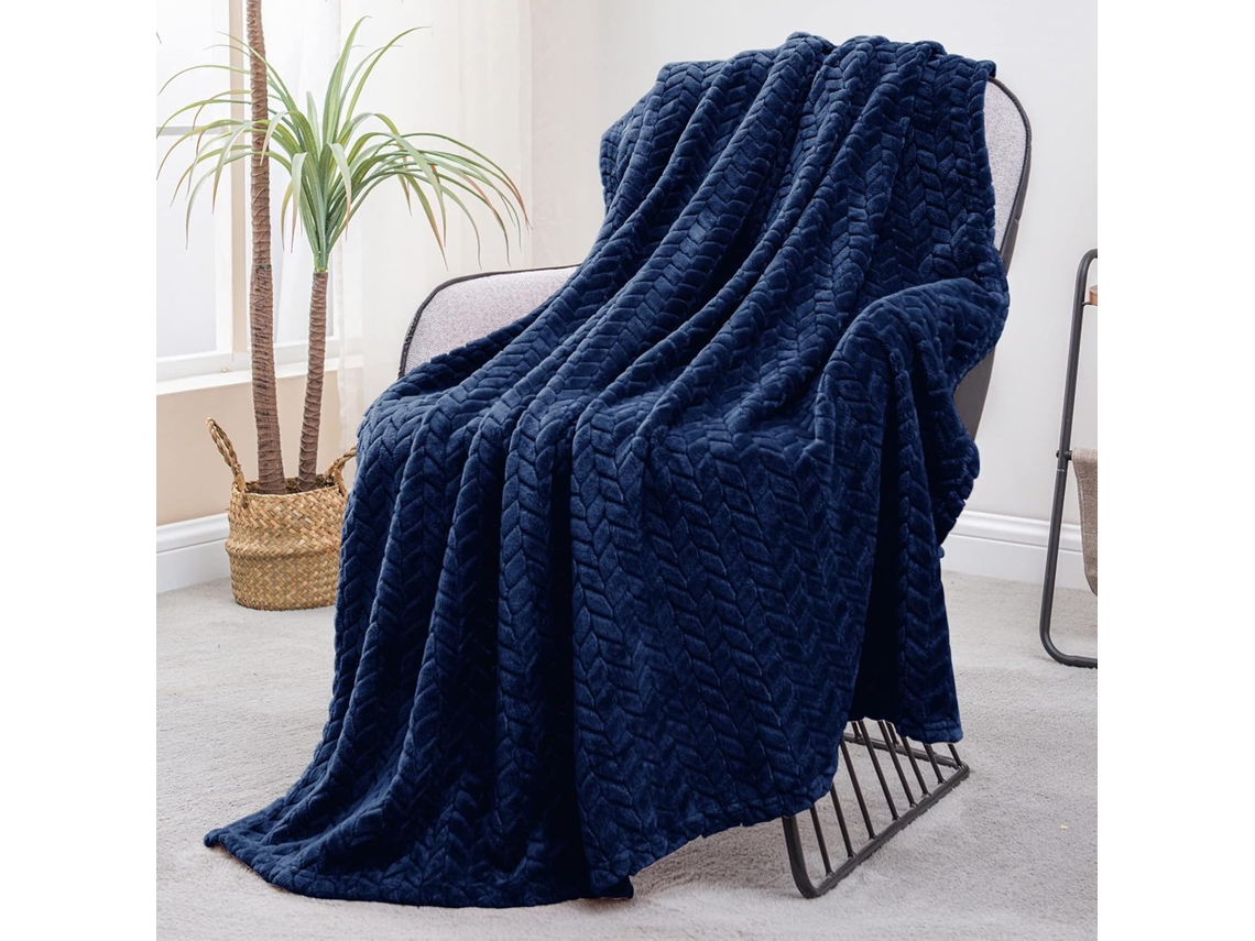 Manta De Flanela De Lã 127 X 178 Cm, Manta De Sofá Em Jacquard Macio Com Estampa De Folhas Para Sofá, Manta Azul Marinho-aquaforge