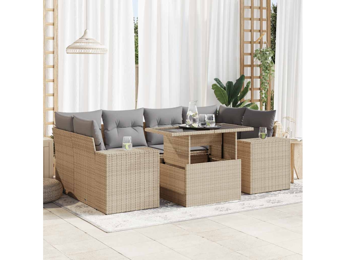 Vidaxl 7 Pcs Conjunto De Sofás P/ Jardim Com Almofadões Vime Pe Bege