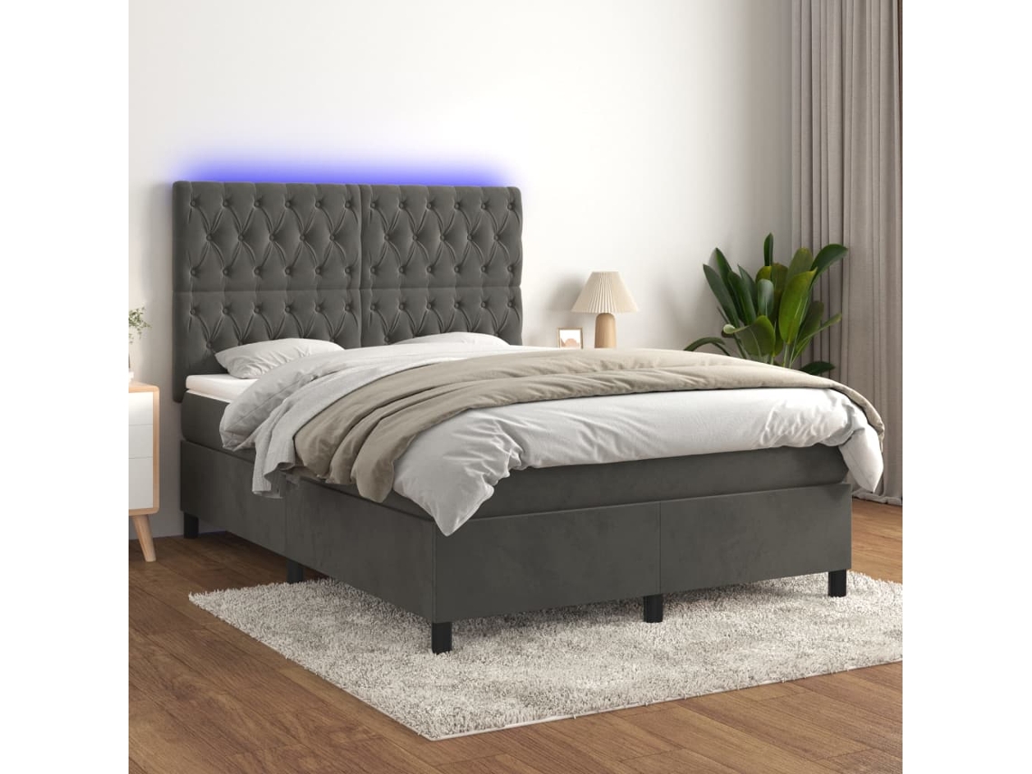 Vidaxl Cama Box Spring C/ Colchão/led 140x190cm Veludo Cinzento-escuro
