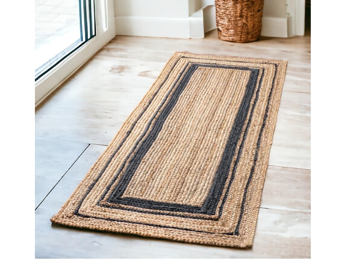 Tapete de juta natural retangular trançado bege com preto 100% feito à mão boho chique boêmio étnico (80x150cm bege/preto) COSHANO