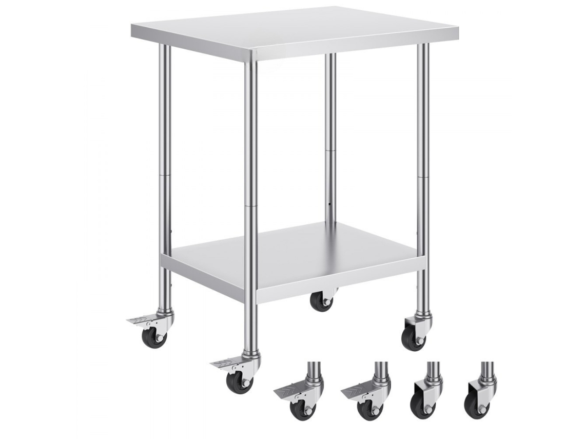 Mesa De Preparação Em Aço Inox Sus201 Com Prateleira, Altura Ajustável E Rodízios Reforçados Tekmaquinas