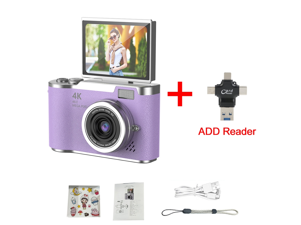 Câmera Digital 4K 48MP MDUG Infantil com Foco Automático e Tela de 2,4 Polegadas (Giratória em 180° roxa com Leitor de Cartão 16GB)