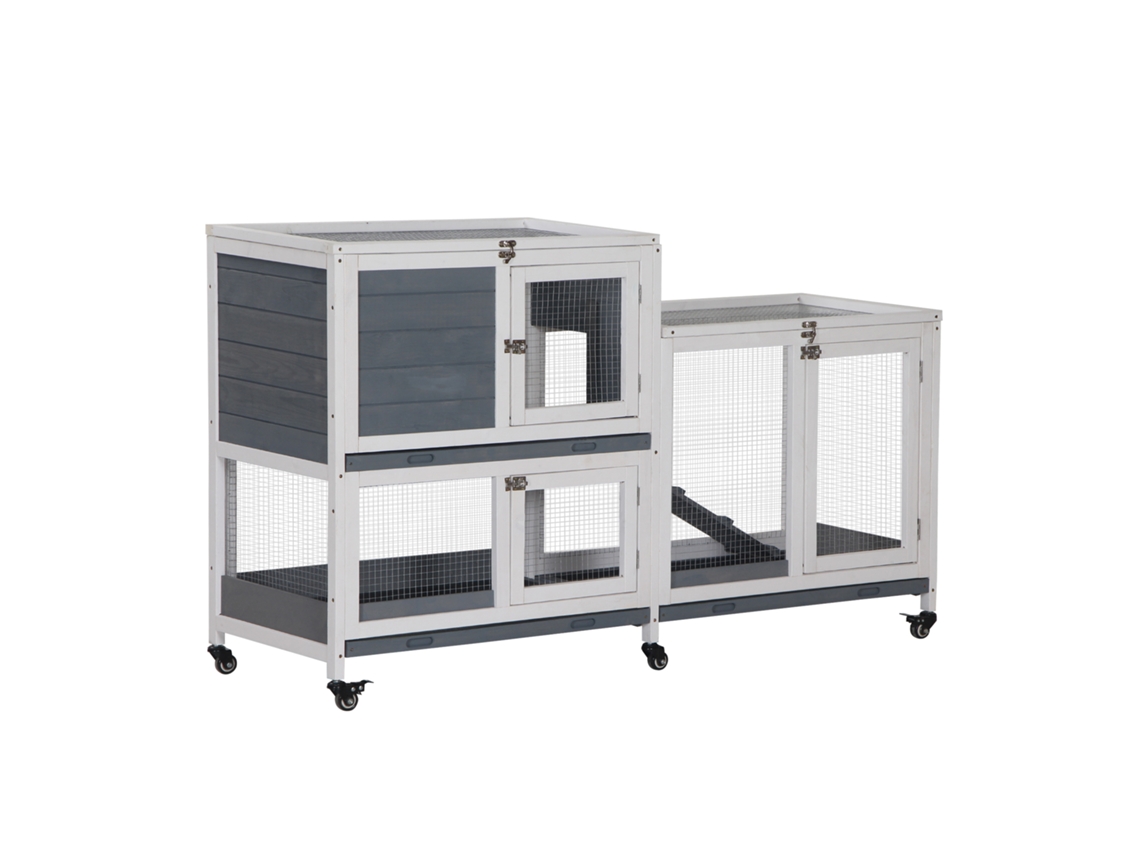 Coelheira De Madeira Com Rodas 147x45,5x88,5cm Gaiola Para De 2 Níveis Com Teto Abatível 2 Cercados De Metal 3 Bandejas Removíveis 3 Portas Com Trava