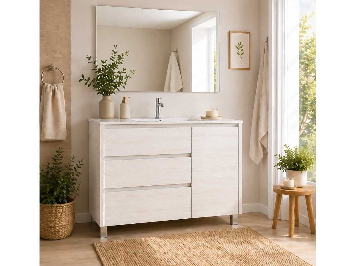Móvel De Casa De Banho Com 3 Gavetas, Porta E Lavatório Origenbath Volum Sem Espelho 90x40 Cm Branco Nórdico