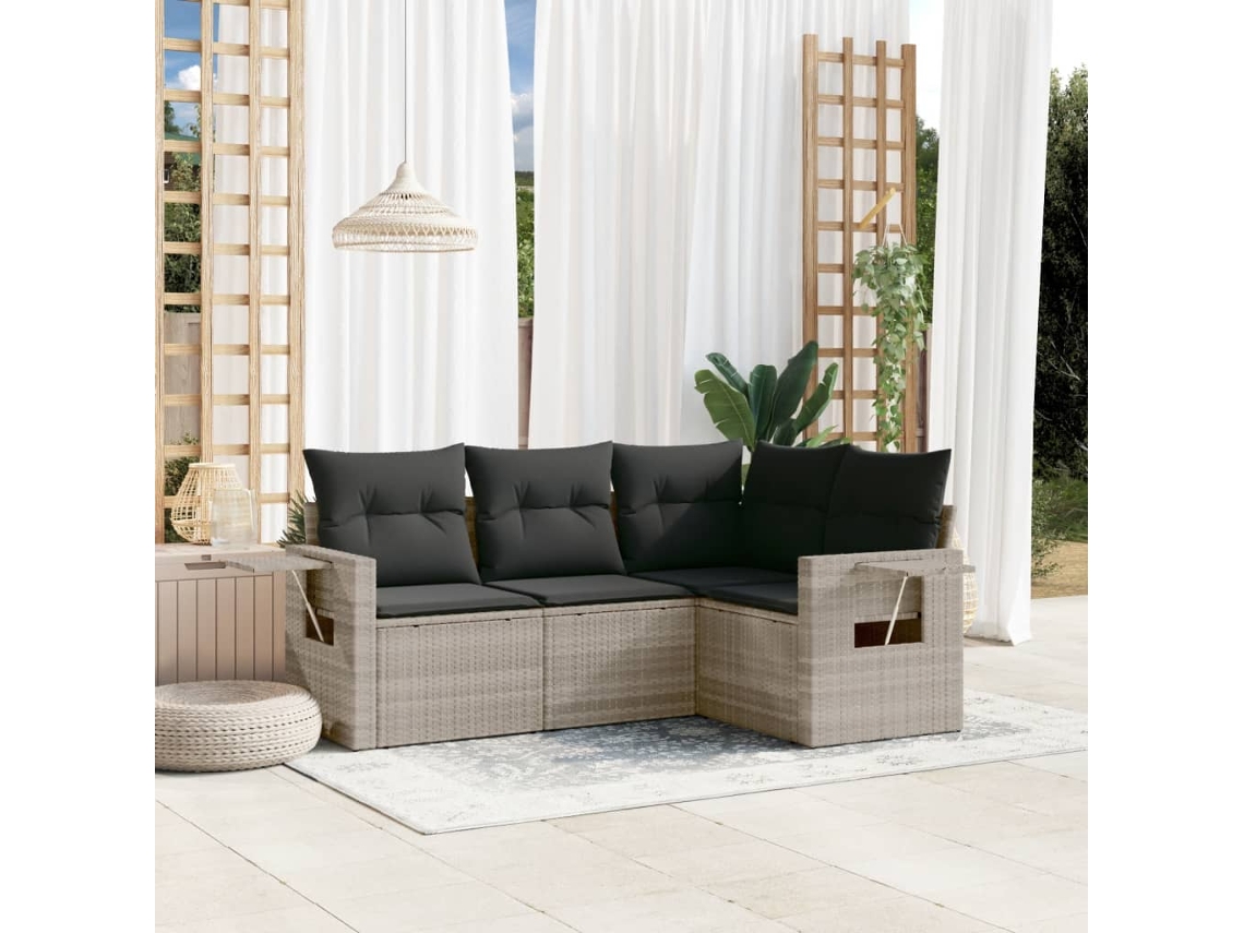 Vidaxl 4 Pcs Conj. Sofás Jardim C/ Almofadões Vime Pe Cinzento-claro
