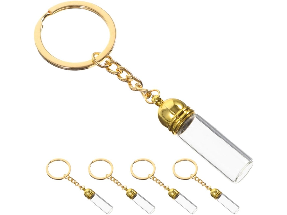 Chaveiro Com Garrafas De Vidro Transparente E Tampas Douradas, Design