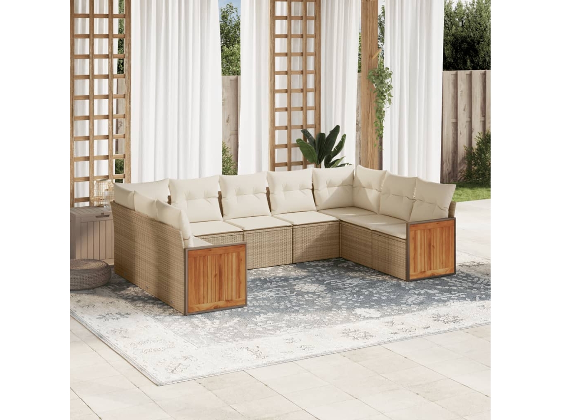 Vidaxl 9 Pcs Conjunto De Sofás P/ Jardim Com Almofadões Vime Pe Bege