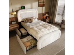 Cama de Solteiro 90x200 Cm com Led, Usb c, 2 gavetas, cabeceira ajustável, tecido sherpa branco, sem colchão VSOGA