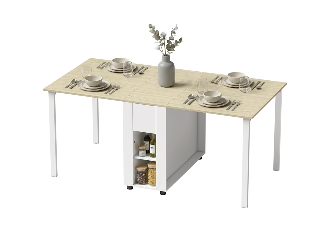 Mesa de Jantar Dobrável para 6 Pessoas, 39 168 Cm, Mesa de Cozinha com 2 Gavetas e 4 Prateleiras Abertas, Branca