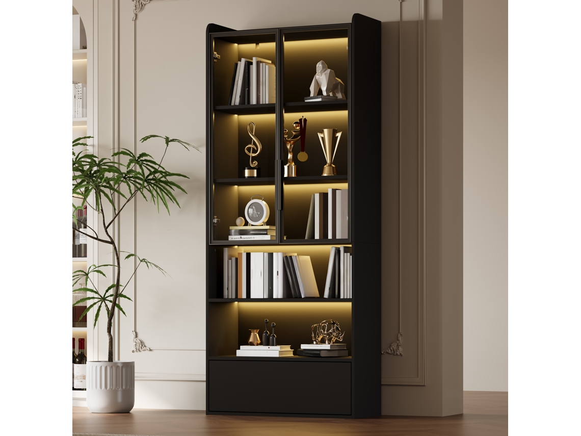 Vitrine Alta 180cm Led Preta 1 Gaveta Portas Vidro Divisória Aberta Sala ZACHARY