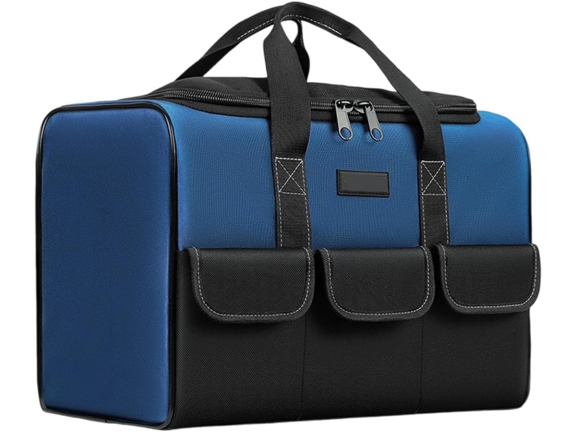 Bolsa profissional para armazenamento de ferramentas em tecido resistente, com altura ergonômica e resistente a arranhões.