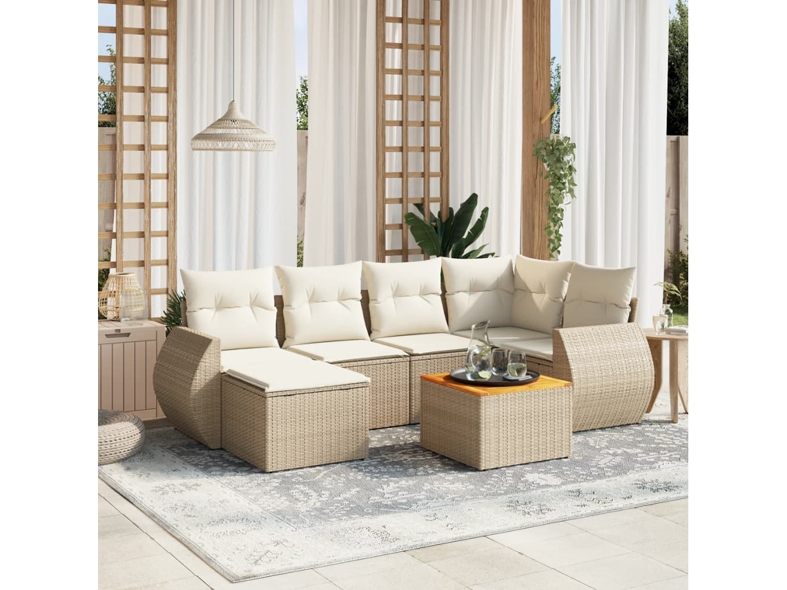 7 Pcs Conjunto De Sofás P/ Jardim Com Almofadões Vime Pe Bege Dkd Home Decor