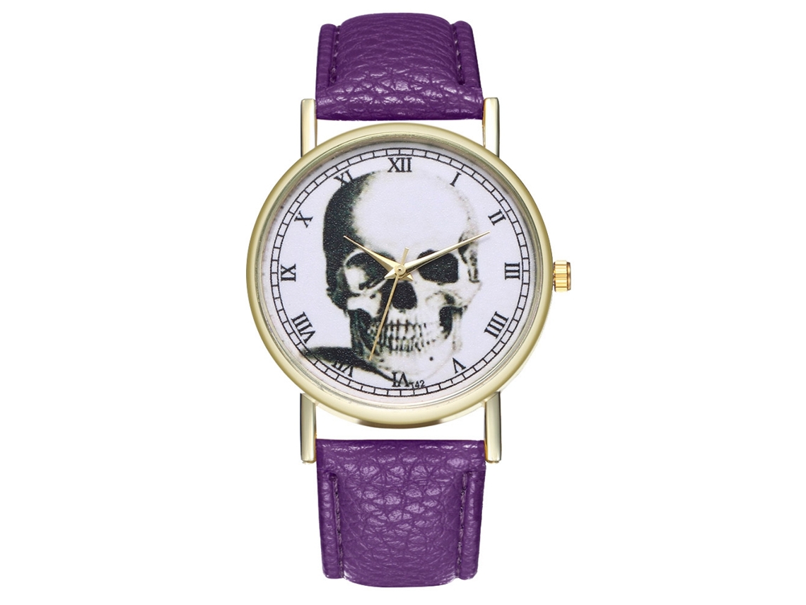 Relógio de pulso com caveira, numerais romanos, pulseira de couro PU, estilo casual e moderno na cor roxa.