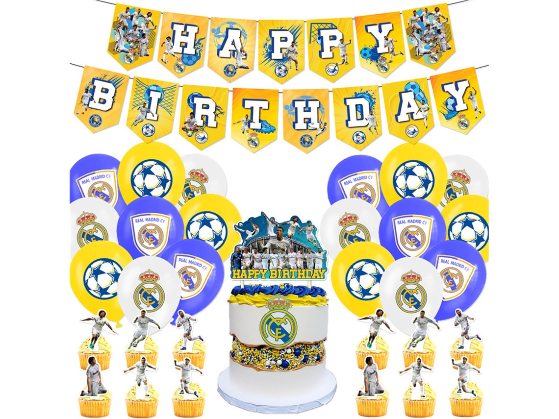 Conjunto De Balões, Banners Feliz Aniversário E Decoração Para Festa Com Tema Do Real Madrid.