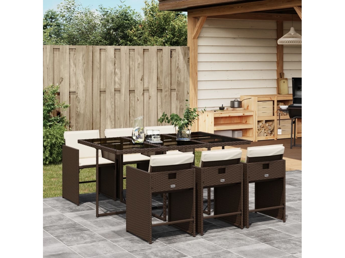 7 Pcs Conjunto Jantar P/ Jardim C/ Almofadões Vime Pe Marrom Dkd Home Decor