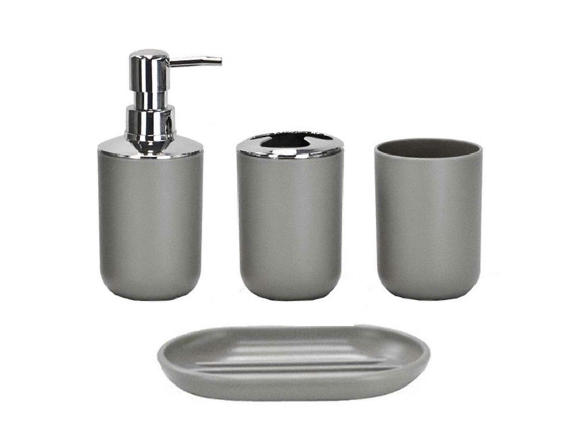 Conjunto 4 Peças Acessórios Banheiro Dispensador, Suporte Escova, Bacia Sabão (cinzento)